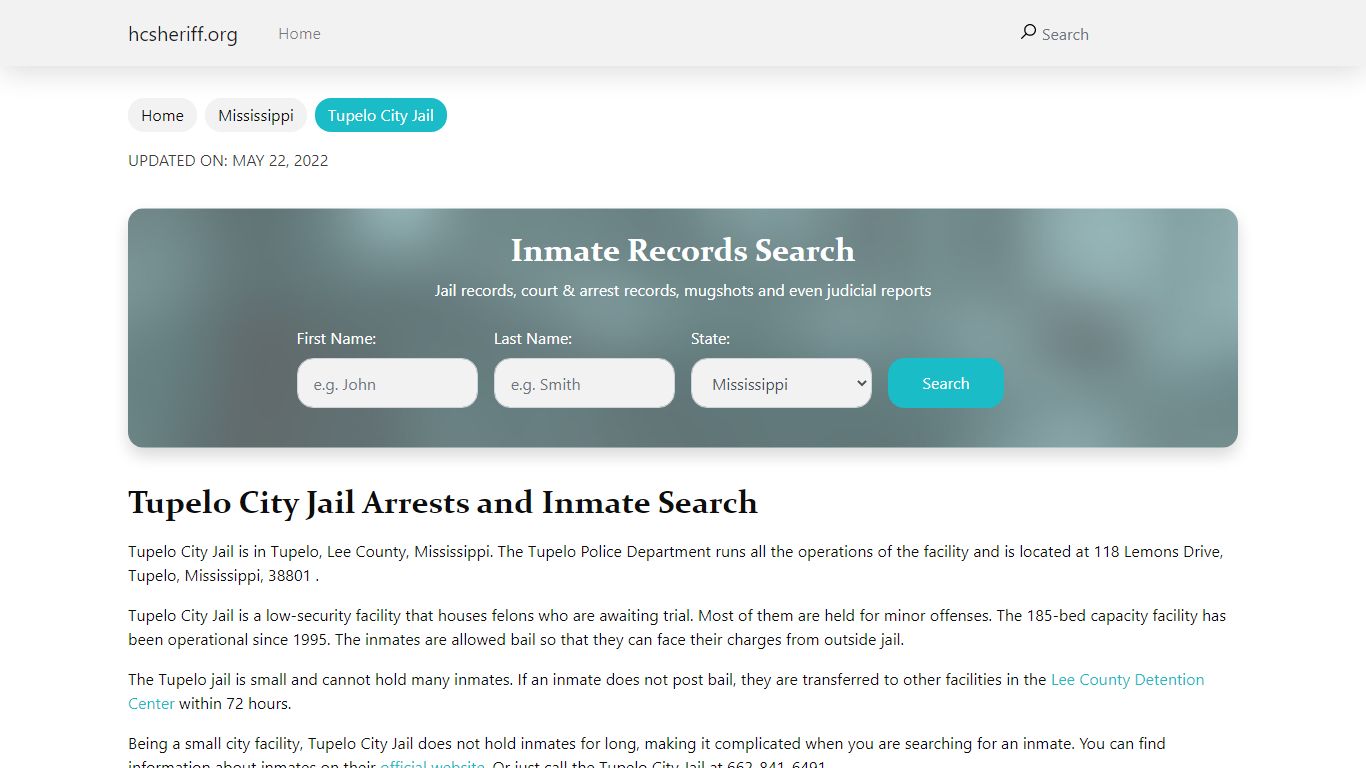 Tupelo City Jail Arrests and Inmate Search - hcsheriff.org