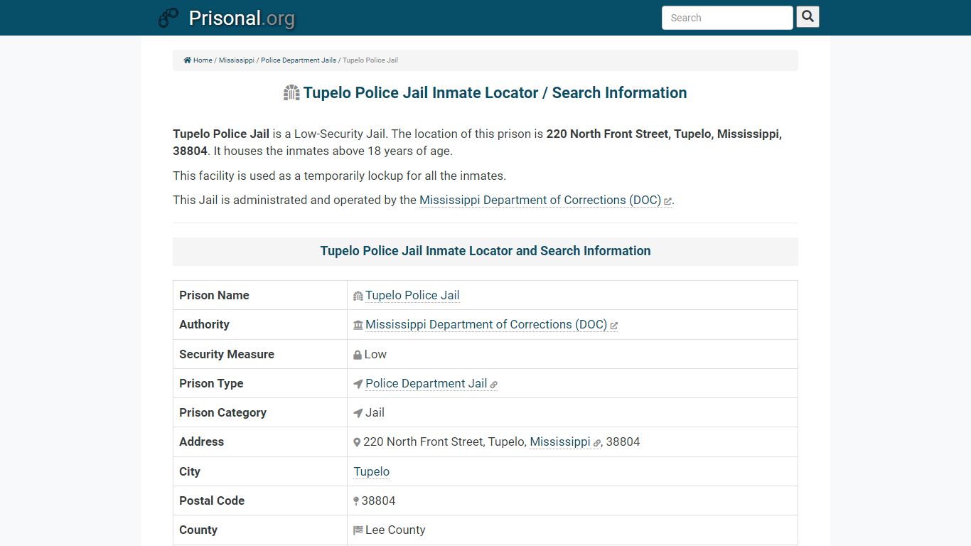 Tupelo Police Jail-Inmate Locator/Search Info, Phone, Fax ...